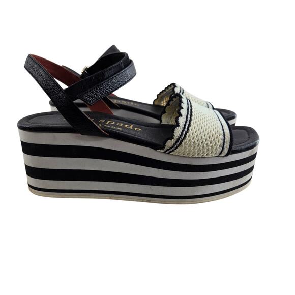 Kate Spade High Rise Spade Platform Wedge Sandals 6 B Black White Striped Preppy - Picture 2 of 14